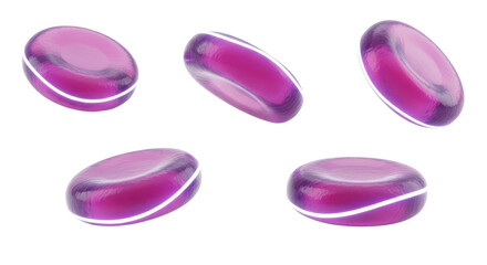 Five glowing transparent pills arranged on a white backdrop for medical pharmaceutical or futuristic healthcare concept use