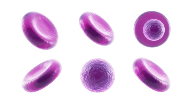 Rendered illustration of erythrocytes (red blood cells) in different views floating on a gradient white background ideal for medical or scientific educational purposes - Powered by Adobe