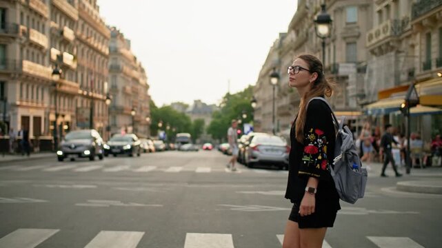 Woman tourist walks through the streets of Paris. Beautiful girl with a backpack walks through the historic streets with beautiful architecture.