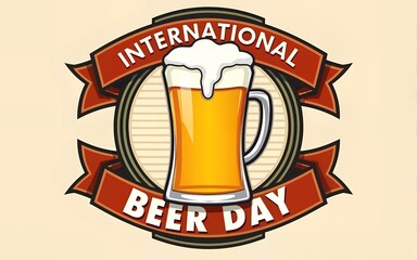 International beer day label with bold text and beer mug icon centered in vintage festival themed badge design. High quality