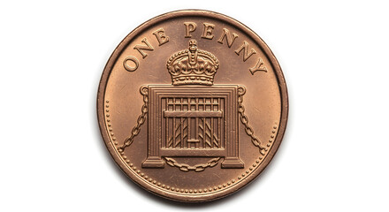 Macro Shot of a Bronze One Penny Coin Featuring a Gate and Crown on White Background