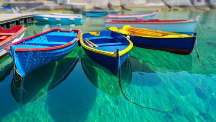 Obraz premium Colorful fishing boats bobbing gently in clear turquoise water