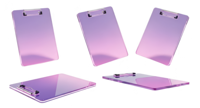 Purple transparent clipboards in various orientations casting shadows on white background usable for design or presentation concepts
