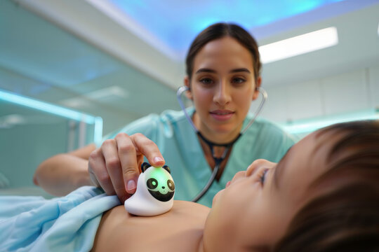 Pediatrician examining child. A female doctor uses a modern medical device to check a young patient's health in a clinic. - Powered by Adobe