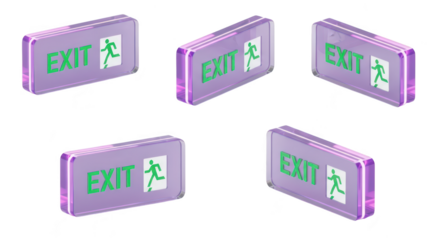 Five illuminated exit signs with running man icons angled against white background for emergency route direction and safety communication