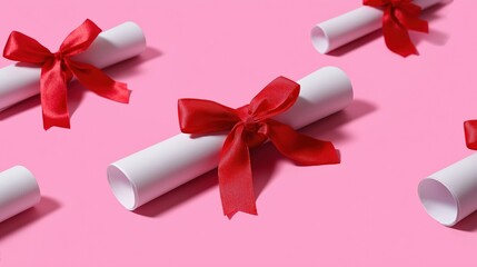 Rolled diplomas with red bows on pink background celebrating graduation or achievement