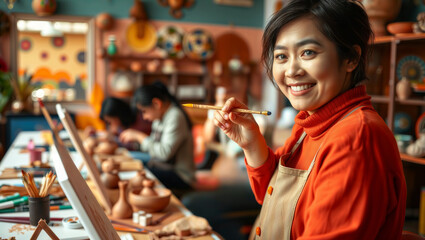 Woman in art class. A happy asian woman smiles at the camera while holding a pencil in a creative art workshop.