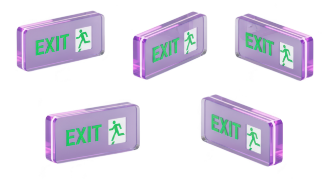 Five illuminated exit signs with running man icons angled against white background for emergency route direction and safety communication