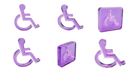 Rendered purple glass wheelchair icons various angles isolated on white background for accessibility and inclusion concepts