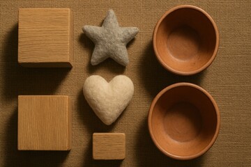 Natural toys flat lay. A top-down view of simple wooden blocks, felt shapes, and bowls on a textured background.