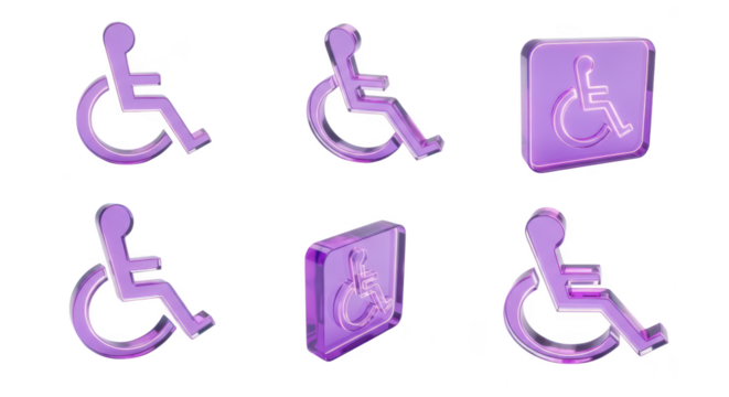 Rendered purple glass wheelchair icons various angles isolated on white background for accessibility and inclusion concepts