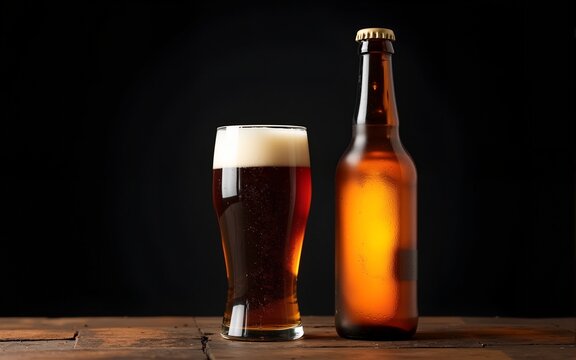 International beer day celebration with a frothy pint of beer and a brown glass bottle on a dark background. High quality