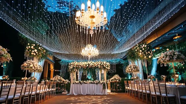 Elegant outdoor wedding reception, decorated with floral arrangements and string lights