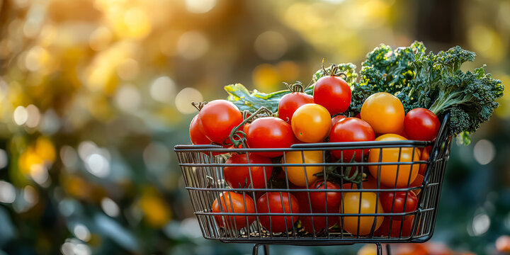 A wire basket filled with ripe tomatoes and fresh greens is placed in a lush garden, showcasing the vibrant colors and textures of the produce, highlighting the essence of healthy living - Powered by Adobe