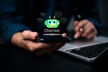 AI conversation mobile phone usage with a chatbot appearing, accompanied by speech bubbles and a robot icon. technology enhancing customer service efficiency and business interaction.