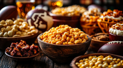 Assorted snacks including popcorn, nuts, and pretzels are arranged in wooden bowls on a rustic table, surrounded by footballs and drinks, creating a festive atmosphere for game day gatherings
