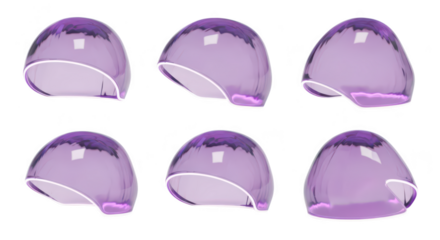 Six purple translucent dome-shaped objects with white outlines rotating against a plain white background showcasing design possibilities for digital art