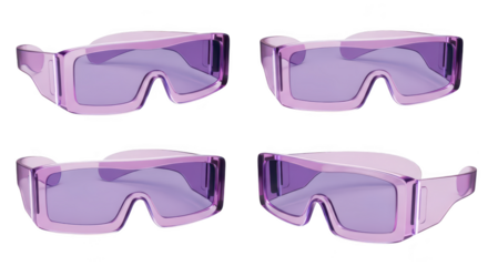 Four purple transparent sunglasses at different angles are isolated on a pure white background ideal for fashion or design promotion