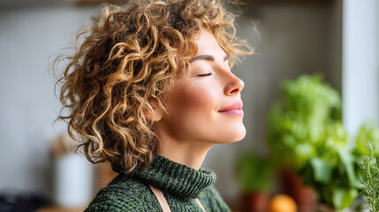 Mindful Eating Practices type. Woman enjoying a moment of peace with closed eyes and a serene expression.