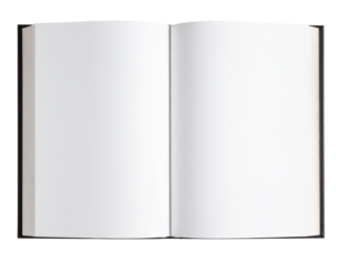 Open hardcover book with blank pages, isolated on a transparent background