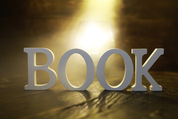 Illuminated Wooden Book Sign on Dark Rustic Background with Warm Light