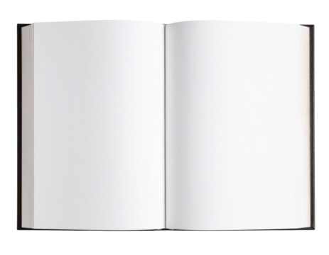 Open hardcover book with blank pages, isolated on a transparent background