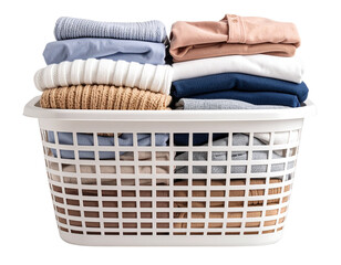Plastic laundry basket with folded clothes, isolated on a transparent background