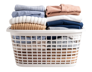 Plastic laundry basket with folded clothes, isolated on a transparent background