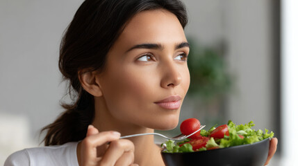 Mindful Eating Practices type. Woman enjoying a fresh salad in a bright, modern setting.