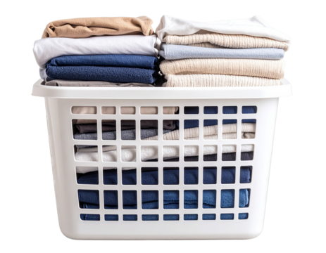 Plastic laundry basket with folded clothes, isolated on a transparent background