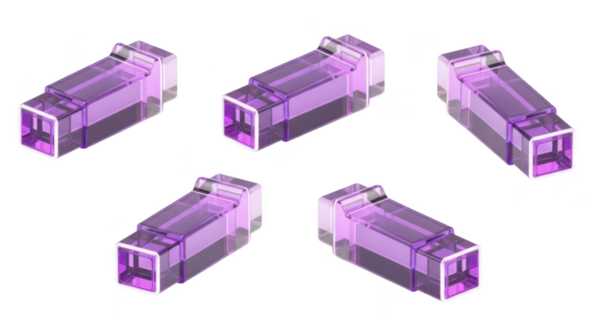 Five translucent purple RJ45 connectors arranged on a white surface showcasing technology design and connectivity for visual representations