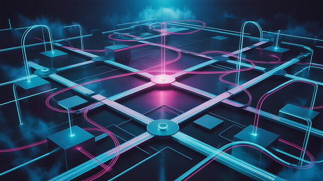 A glowing, intricate digital grid with interconnected nodes and data pathways. - Powered by Adobe