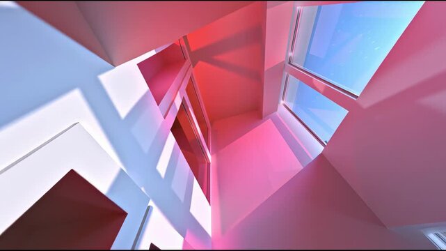 Exploring a vibrant architectural space filled with dynamic colors and shapes in a modern building