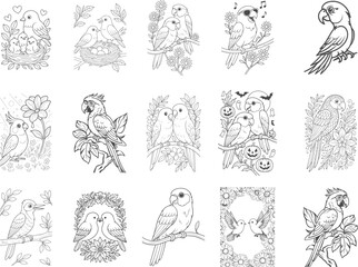 Set of parrot love birds line art coloring page outline botanical vector collection