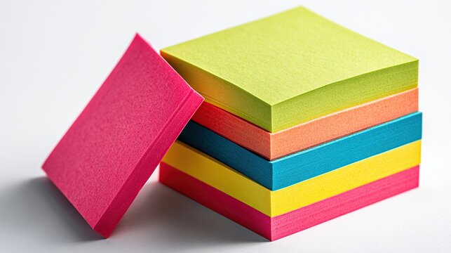 Stack of colorful, square sticky notes with a leaning pack on white background