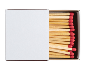 Box of wooden safety matches, partially open, isolated on a transparent background