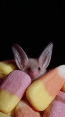Cute bat peeks out from pastel colored candy against dark background
