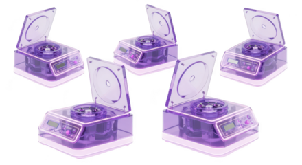 Five laboratory centrifuges arranged against a white background lids open displaying interior parts for medical research and scientific experiments