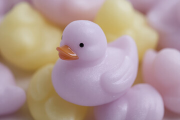 Pastel rubber ducks in soft focus create playful atmosphere