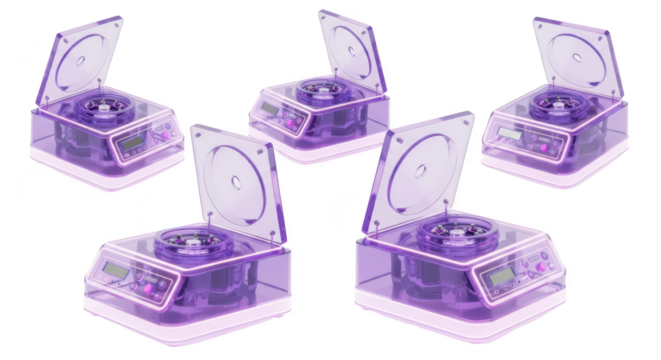 Five laboratory centrifuges arranged against a white background lids open displaying interior parts for medical research and scientific experiments