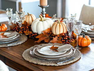 Naklejka premium Elegant autumn dining table features decorative pumpkins, vibrant leaves, and sparkling crystal glassware, creating a warm and inviting atmosphere for seasonal gatherings and celebrations