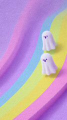Playful pastel ghosts sliding down colorful rainbow