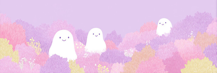 Cute ghosts smiling in pastel colored field of soft flowers