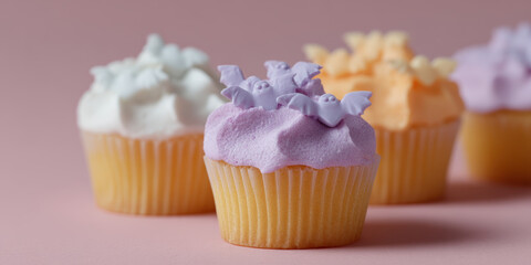 Colorful cupcakes with bat decorations on pastel background