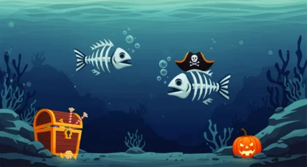 Wandcirkels Piraten Cartoon pirate fish skeletons in a spooky underwater Halloween scene with candy treasure and a jack-o-lantern.  © Ahdan