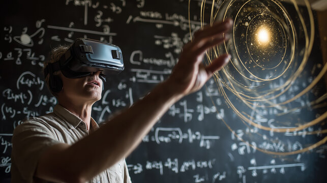 Man wearing virtual reality headset interacts with a holographic representation of the universe, surrounded by mathematical equations on a blackboard, exploring cosmic concepts and scientific theories