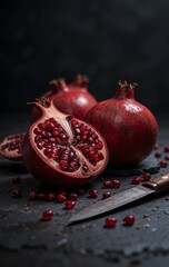 Close-up of pomegranate halves showcasing vibrant red seeds.