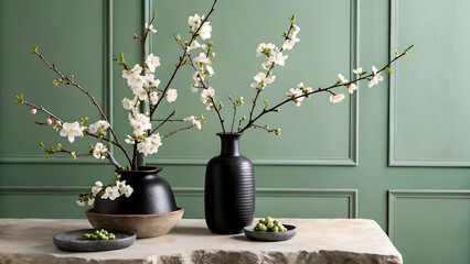 Elegant white blossoms in black vases offer a serene modern aesthetic with natural beauty and minimalist charm