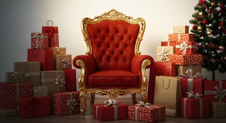 Red and gold Santa's throne chair surrounded by numerous wrapped gift boxes