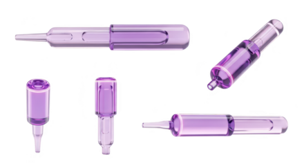 Several clear purple vials are displayed against a white backdrop showcasing various angles for medical or cosmetic use